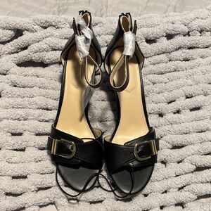 Liz Claiborne Black Heeled Sandals with Gold Buckle